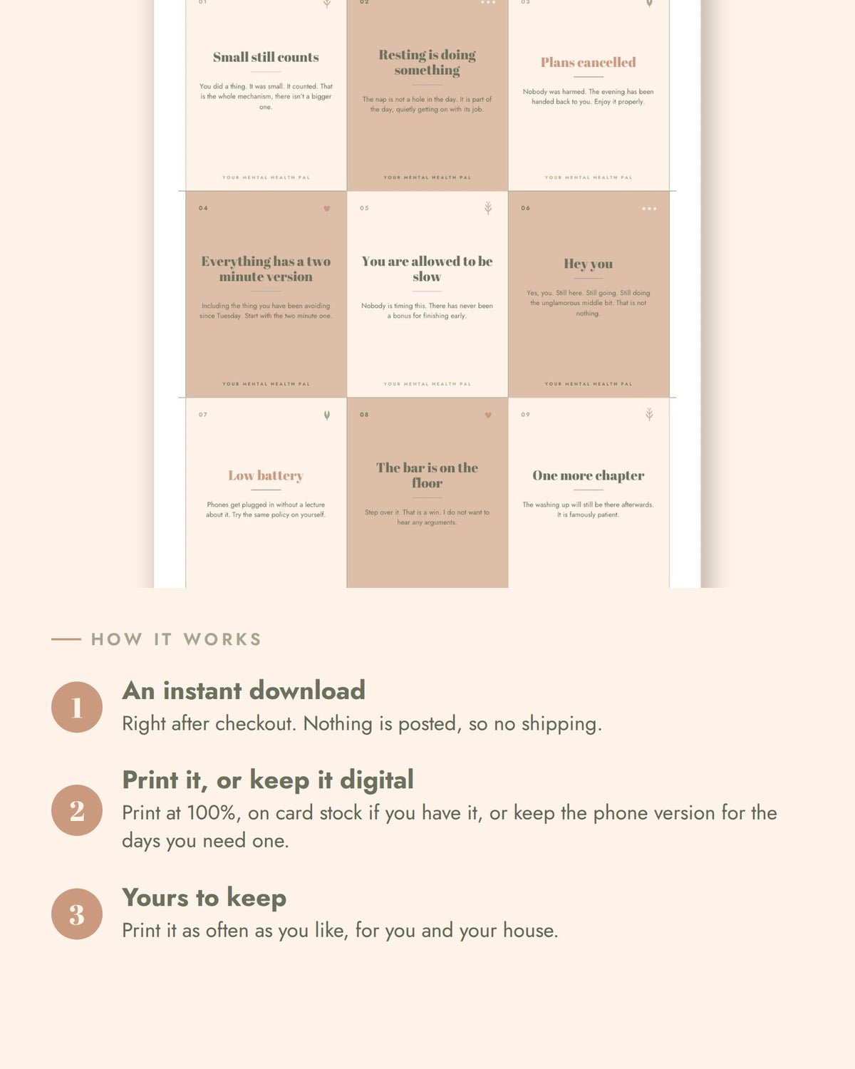 Pocket Pep-Talk Cards: an instant download, nothing is posted. Print at 100%, on card stock if you have it, or keep the phone version