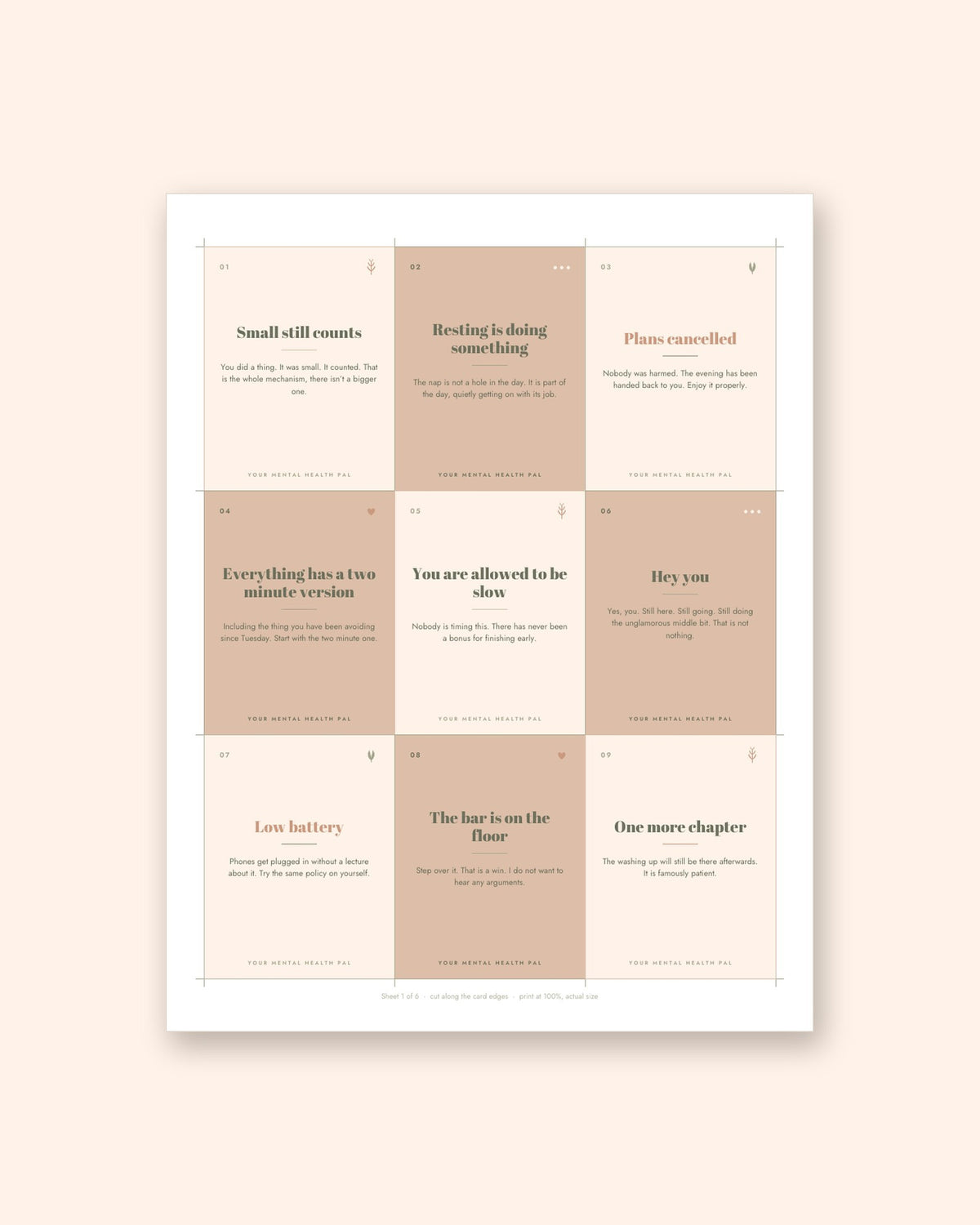 The print-and-cut sheet: nine Pocket Pep-Talk cards on one page, with cut marks