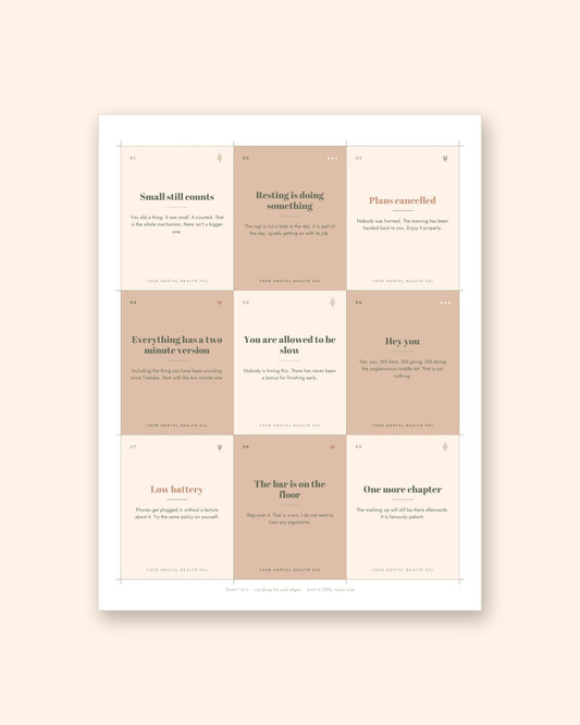 The print-and-cut sheet: nine Pocket Pep-Talk cards on one page, with cut marks