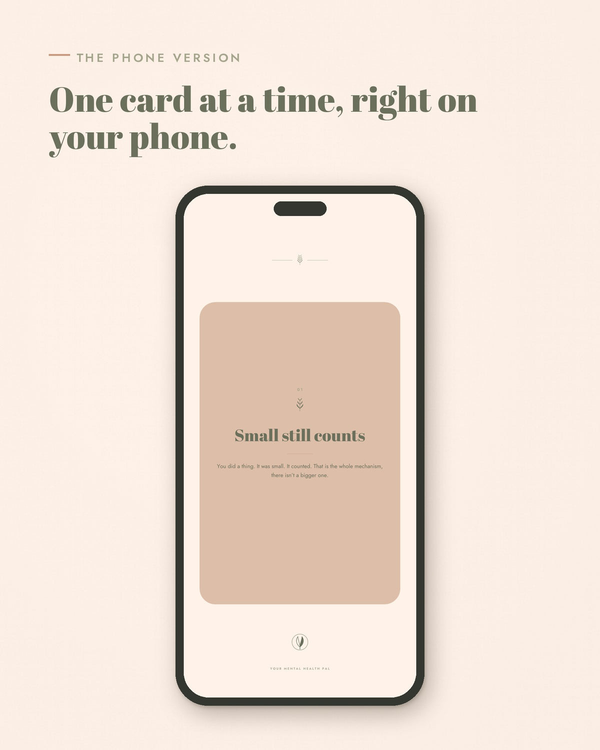 A Pocket Pep-Talk card that reads Small still counts, shown on a phone screen