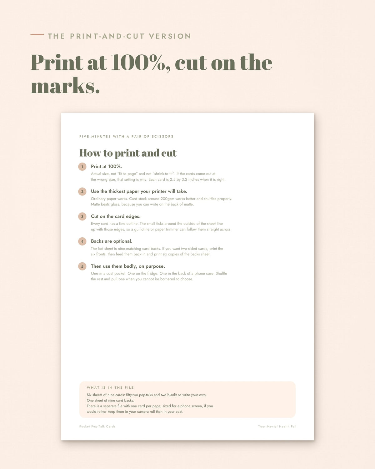 Pocket Pep-Talk Cards how to print and cut page: print at 100%, use thick paper, cut on the card edges