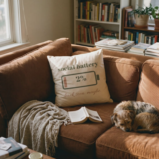 Social Battery Pillow, a short clip of the pillow on a sunlit sofa with a sleeping dog