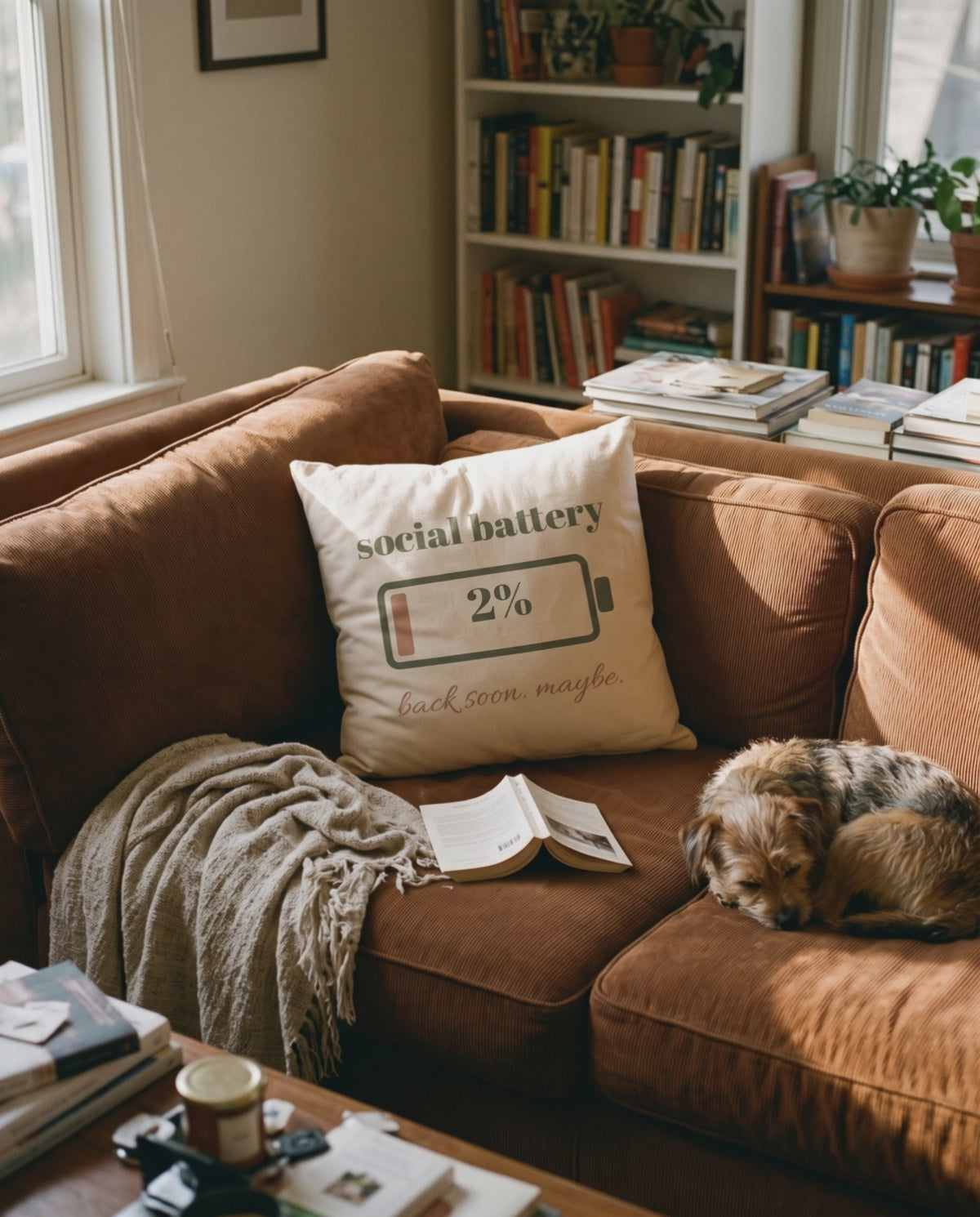 Social Battery Pillow, a short clip of the pillow on a sunlit sofa with a sleeping dog