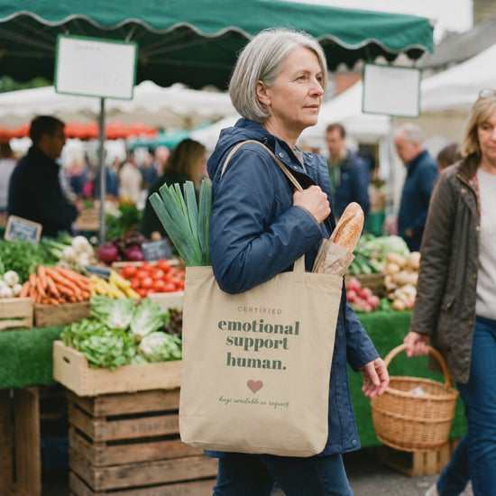 Emotional Support Human Tote, a short clip of carrying it at a farmers market