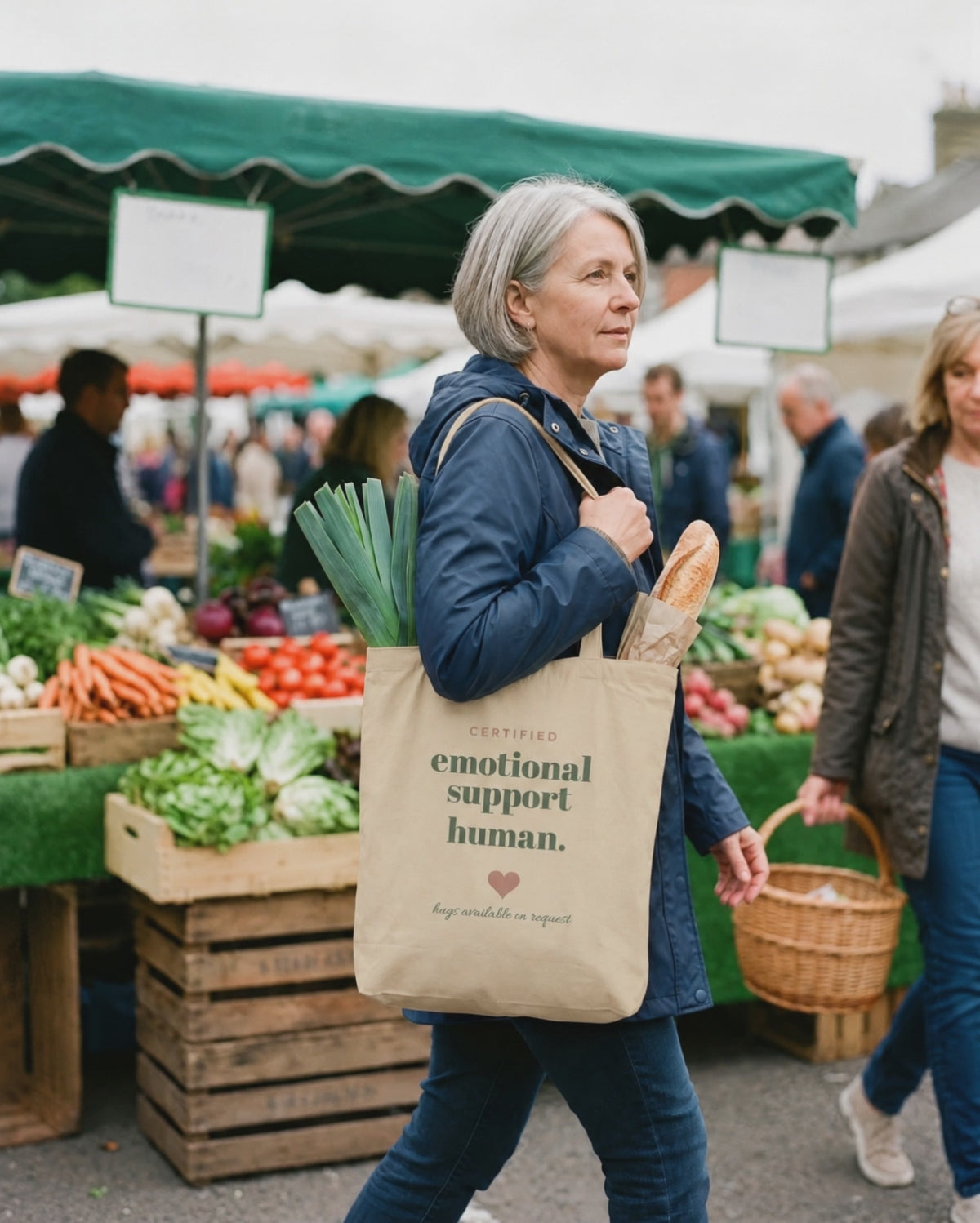 Emotional Support Human Tote, a short clip of carrying it at a farmers market