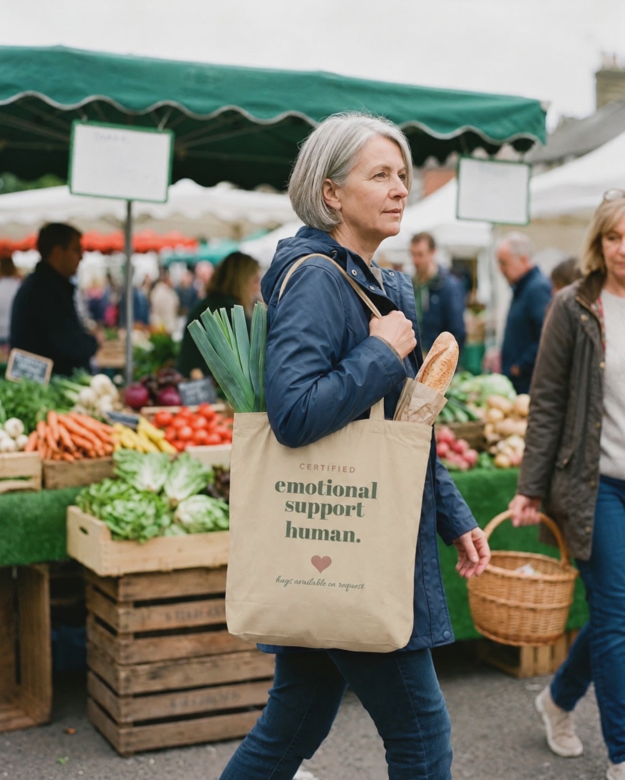Emotional Support Human Tote, a short clip of carrying it at a farmers market