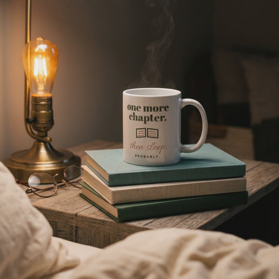 One More Chapter Mug, a short clip of steam rising by a bedside lamp