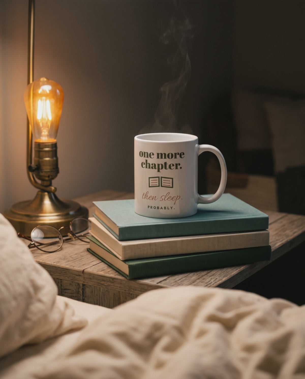 One More Chapter Mug, a short clip of steam rising by a bedside lamp