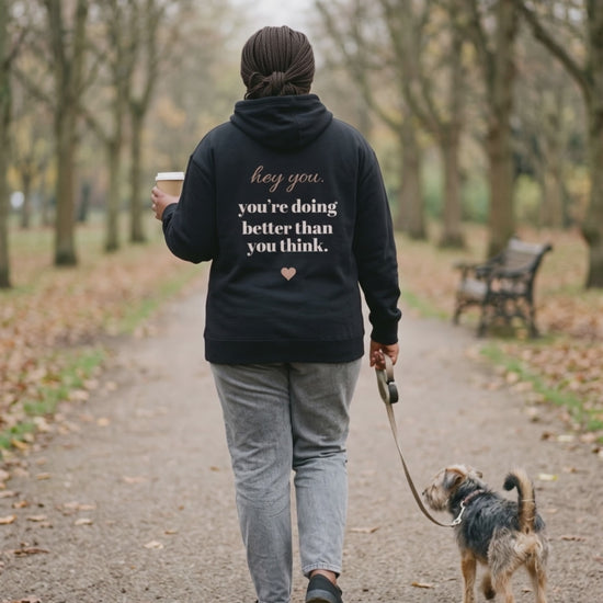 Hey You Hoodie, a short clip of an autumn walk with the dog, seen from behind