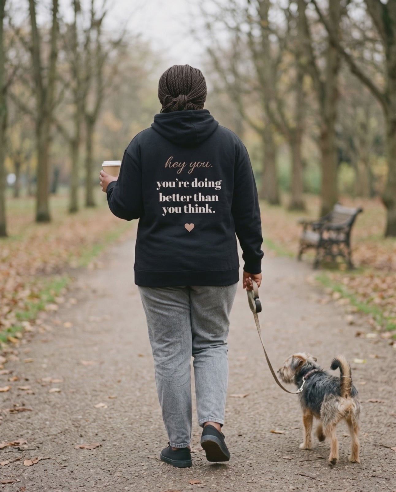 Hey You Hoodie, a short clip of an autumn walk with the dog, seen from behind