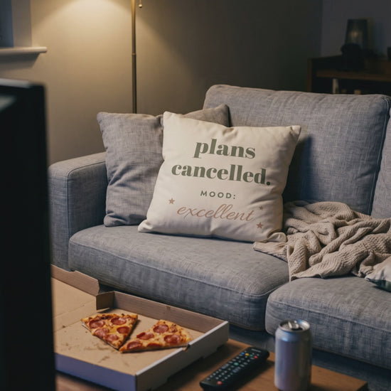 Plans Cancelled Pillow, a short clip of a pizza night in on the sofa