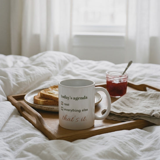 Today's Agenda Mug, a short clip of breakfast in bed with steam rising