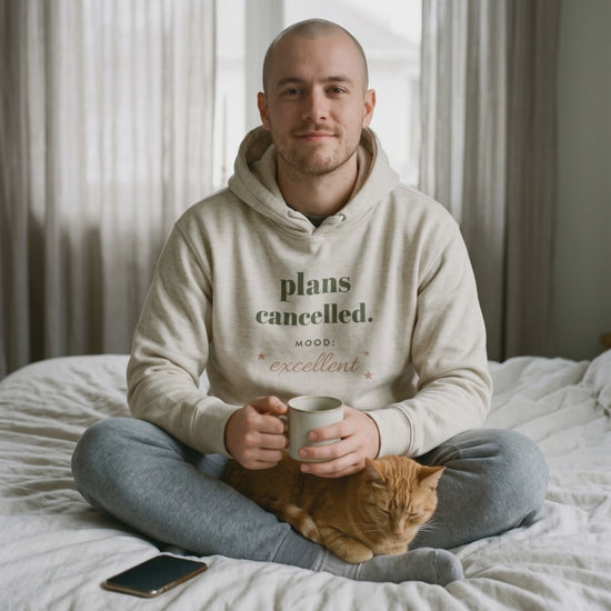 Plans Cancelled Hoodie, a short clip of a slow coffee in bed with a sleeping cat
