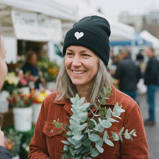 Soft Heart Beanie, a short clip of a laugh at the flower market