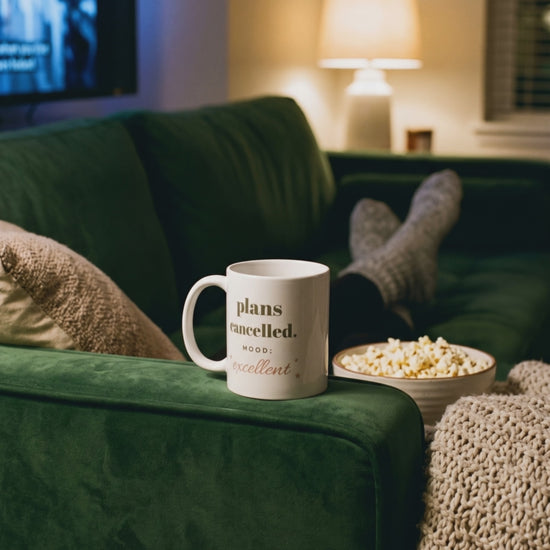 Plans Cancelled Mug, a short clip of a film night on the sofa with popcorn