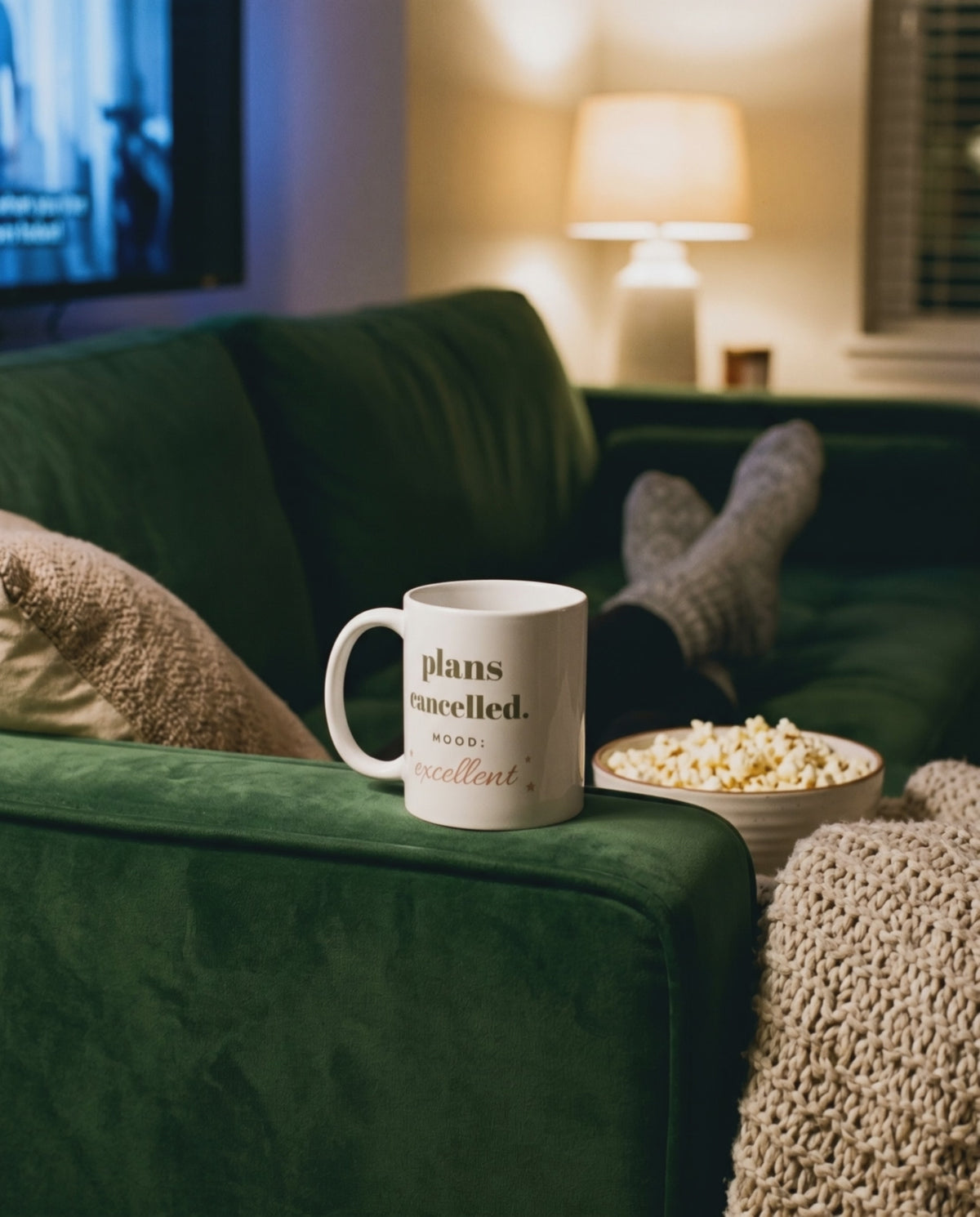 Plans Cancelled Mug, a short clip of a film night on the sofa with popcorn