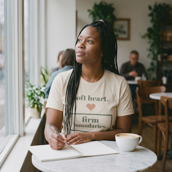 Soft Heart, Firm Boundaries Tee, a short clip of writing in a notebook at a cafe table