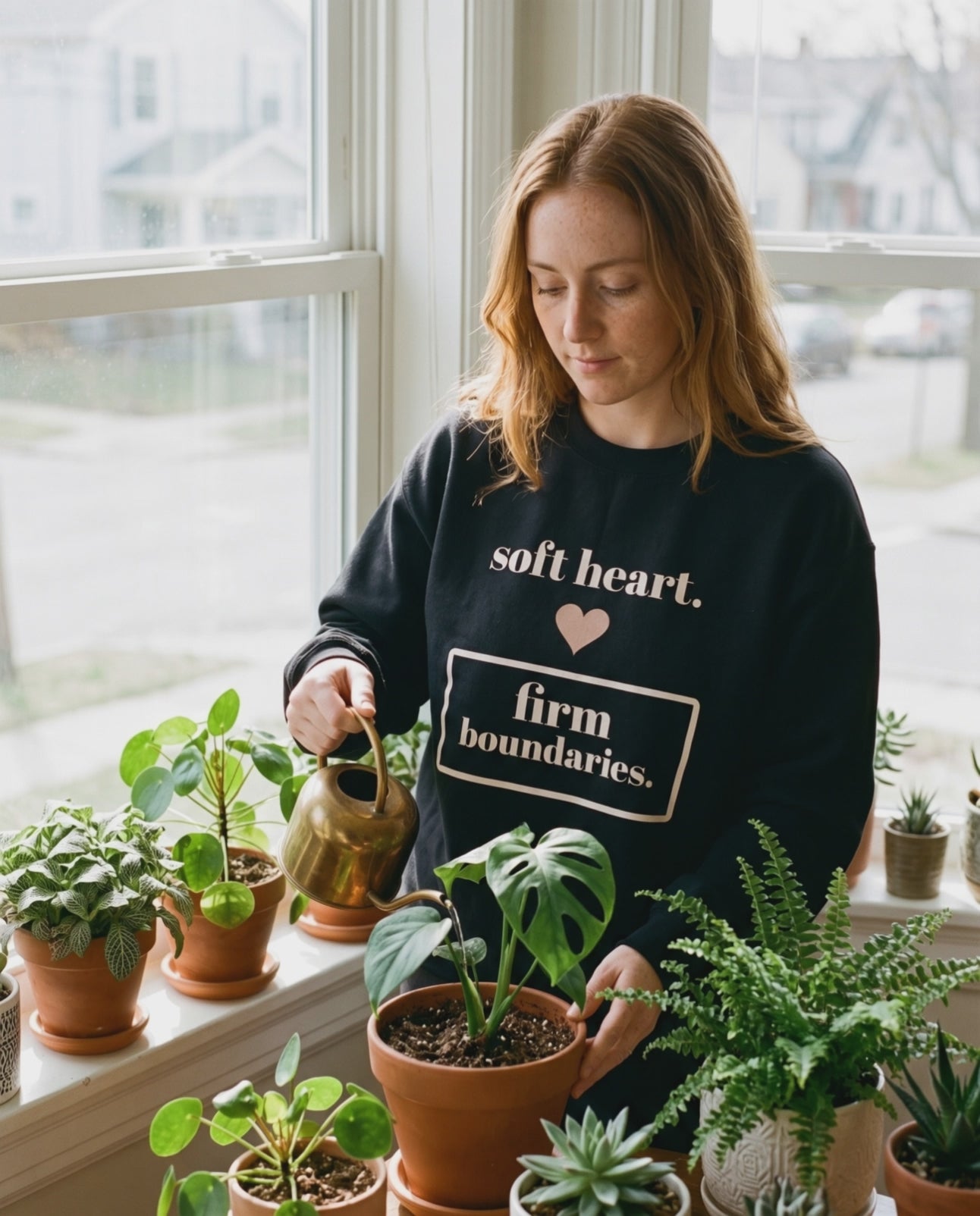 Soft Heart, Firm Boundaries Crewneck, a short clip of watering houseplants by the window