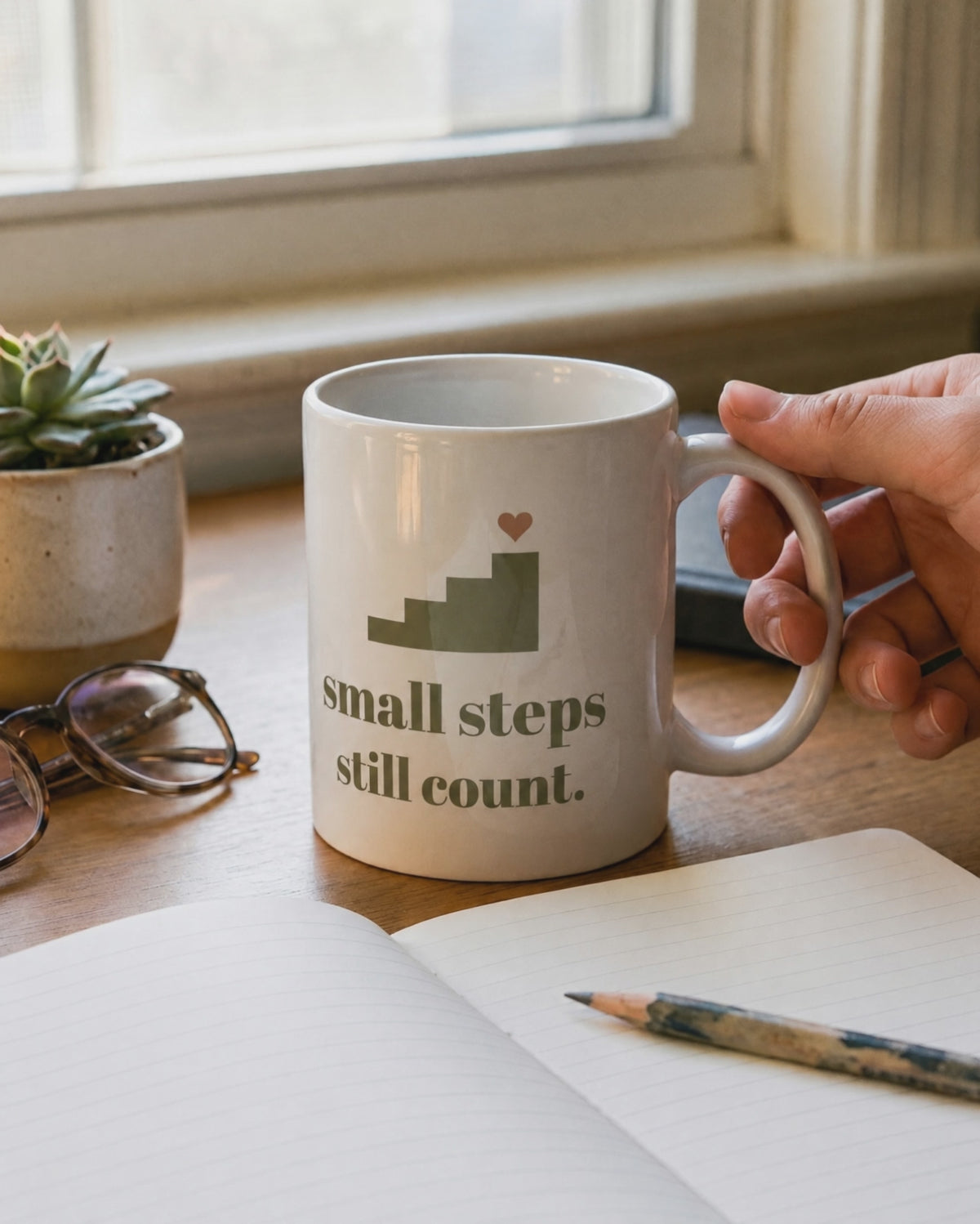 Small Steps Still Count Mug, a short clip of steam and morning light on a desk