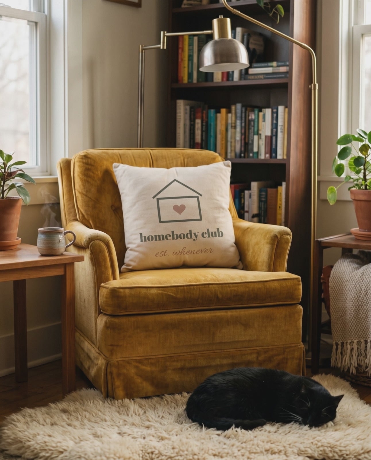 Homebody Club Pillow, a short clip of a quiet reading nook with a sleeping cat