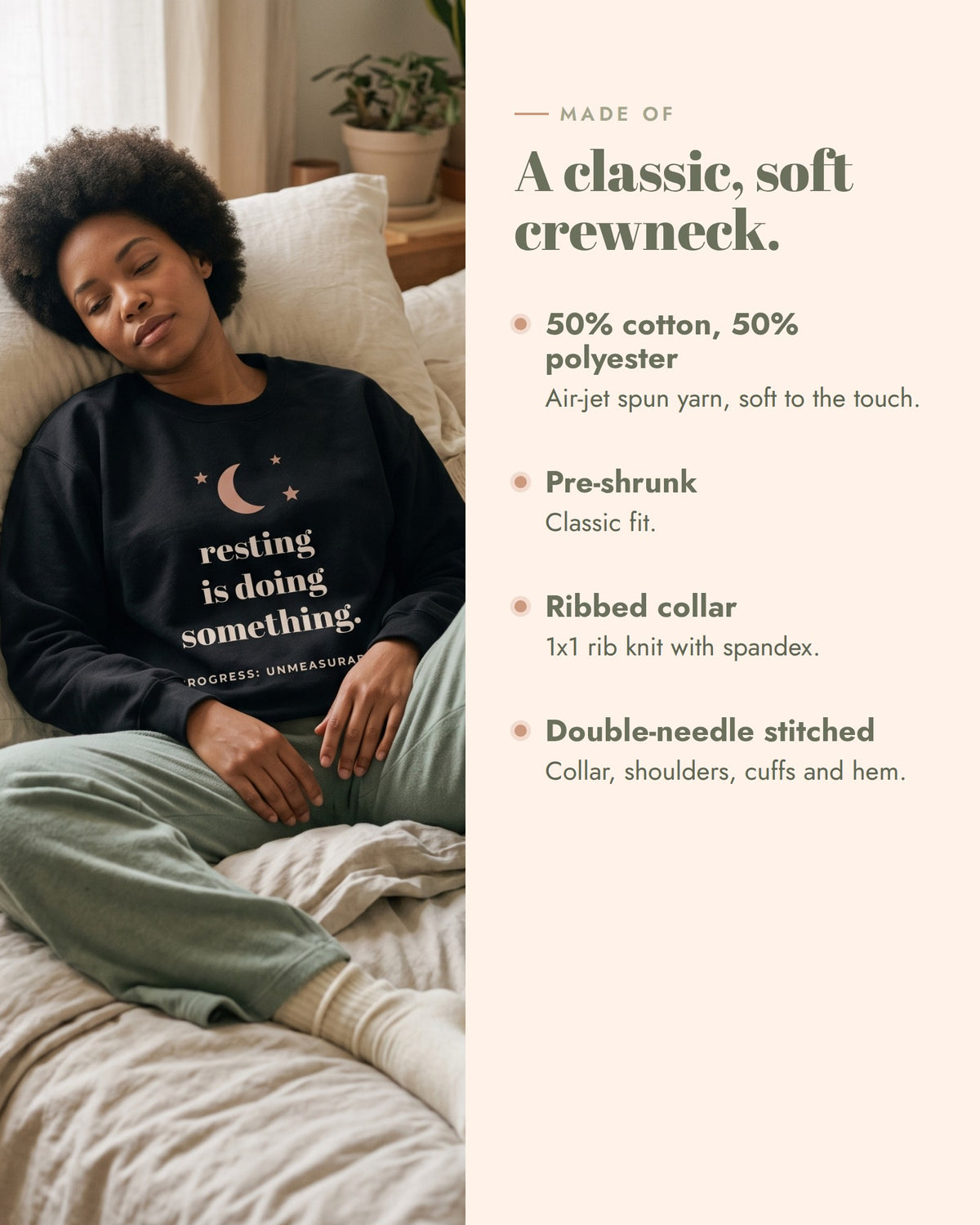Resting Is Doing Something Crewneck, 50% cotton, 50% polyester, pre-shrunk, classic fit, ribbed collar, double-needle stitched