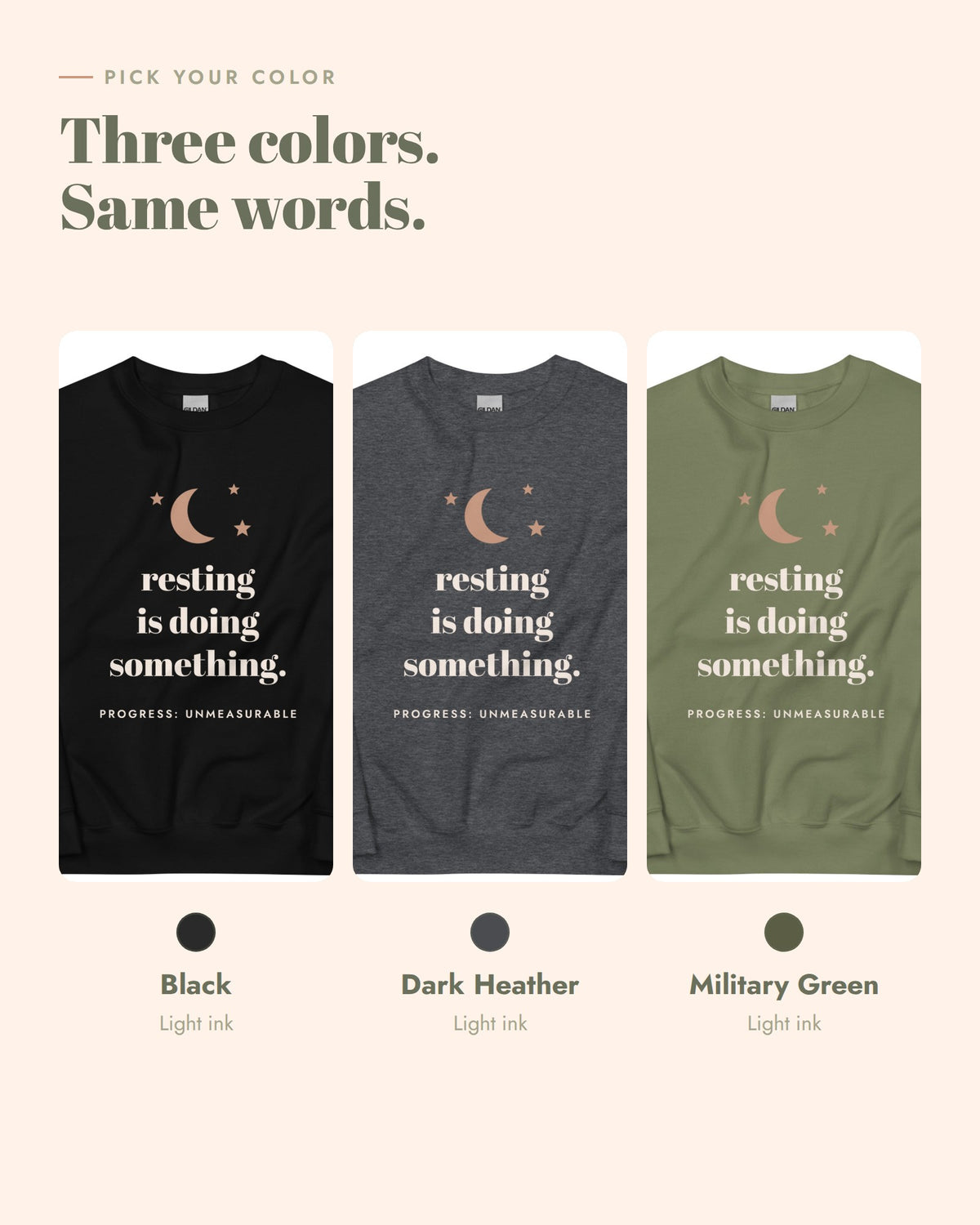 Resting Is Doing Something Crewneck, Black, Dark Heather, Military Green