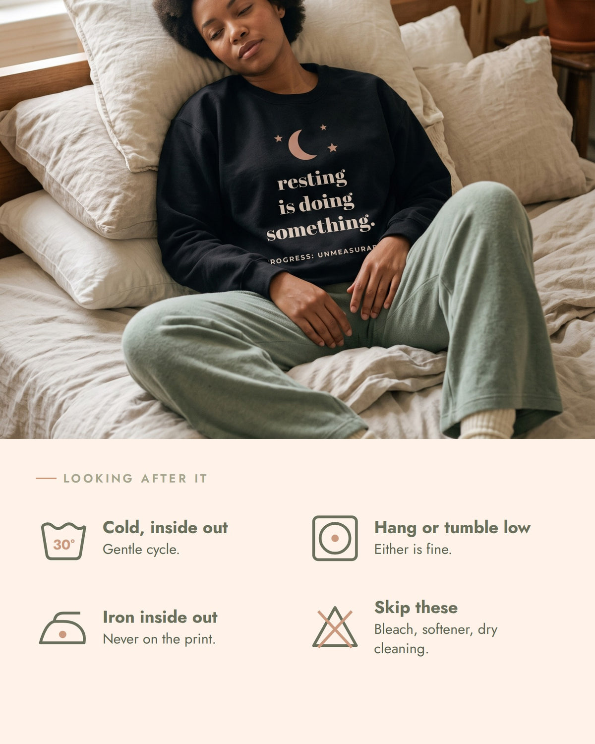 Resting Is Doing Something Crewneck, care, wash cold inside out, hang dry or tumble low, iron inside out