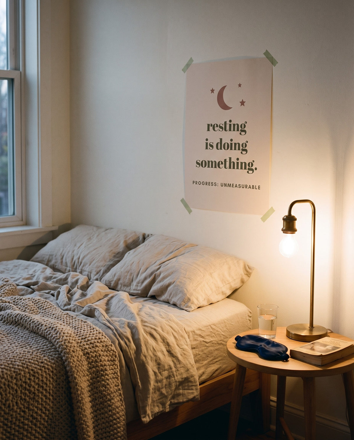 Resting Is Doing Something Print, unframed, taped above a bedside table