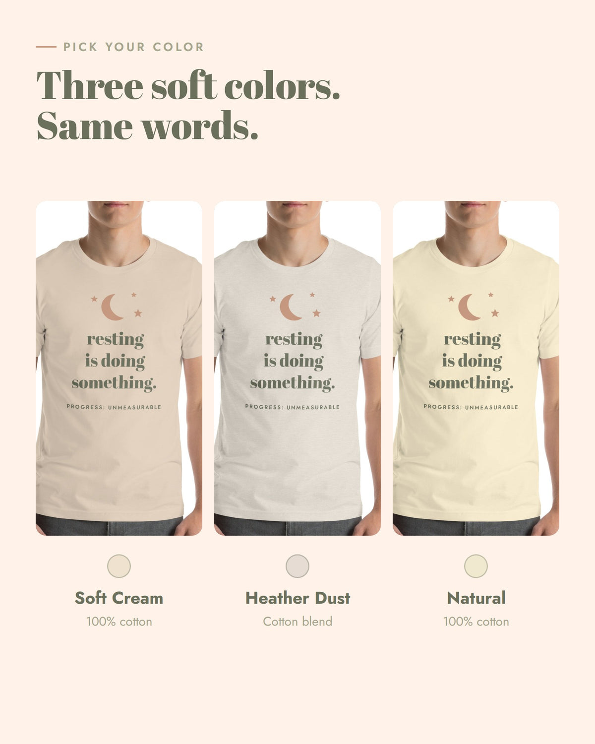 Resting Is Doing Something Tee, three colors, Soft Cream, Heather Dust and Natural