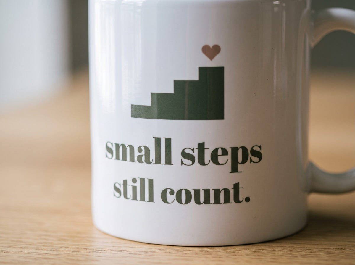 Small Steps Still Count Mug, the print up close