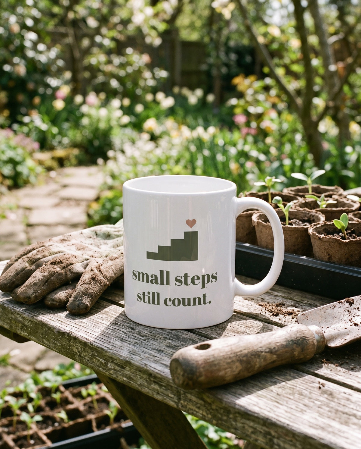 Small Steps Still Count Mug, on a garden table with seedlings