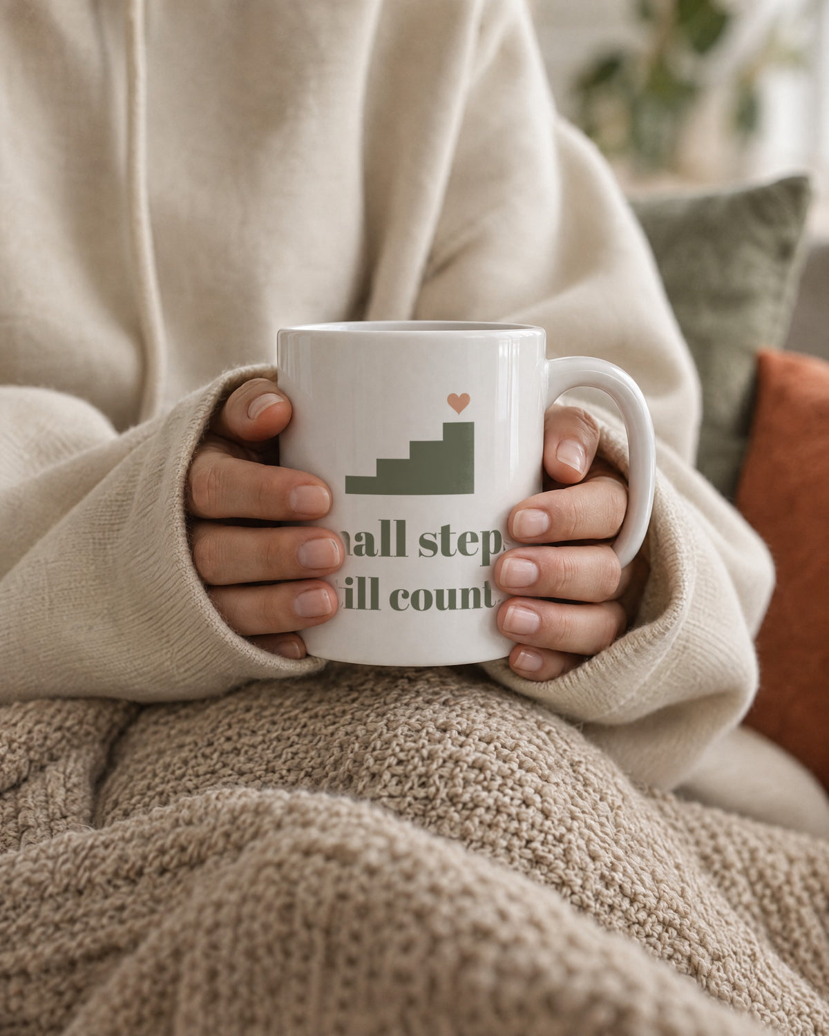 Small Steps Still Count Mug, white ceramic 11 oz, held in two hands