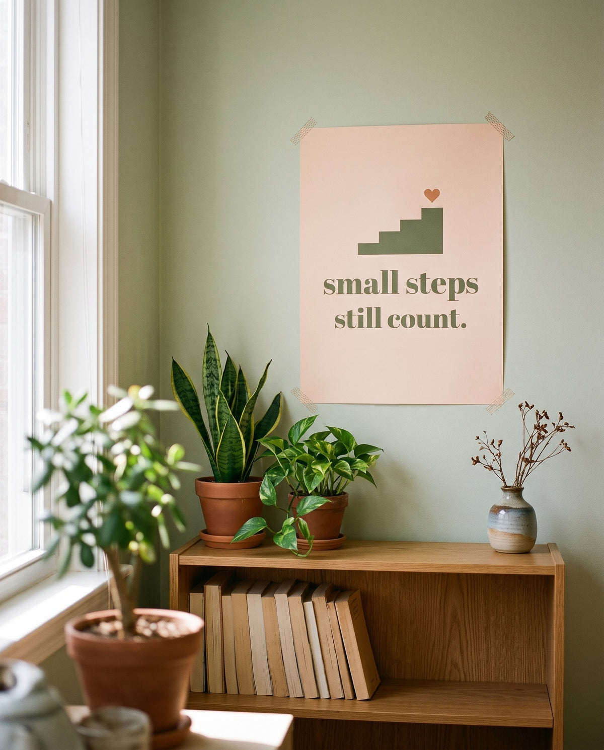 Small Steps Still Count Print, unframed, taped above a bookshelf