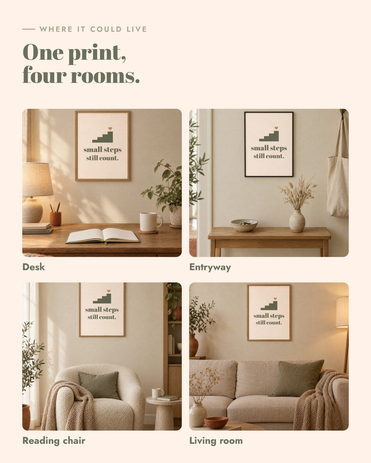 Small Steps Still Count Print, framed in four rooms: desk, entryway, reading chair, living room