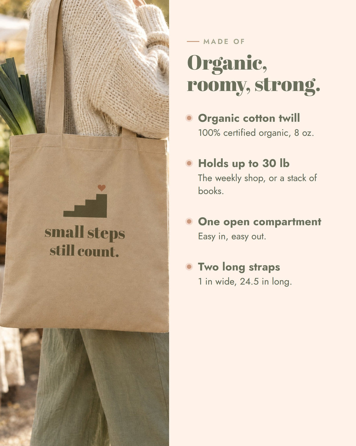 Small Steps Still Count Tote, certified organic cotton twill, 8 oz, 16 x 14.5 x 5 in, holds up to 30 lb