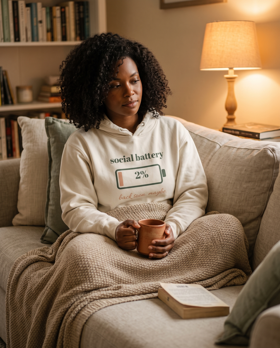Social Battery hoodie in Bone, worn by a model on a sofa under a knitted throw. Printed on the chest: social battery, with a nearly empty battery icon.