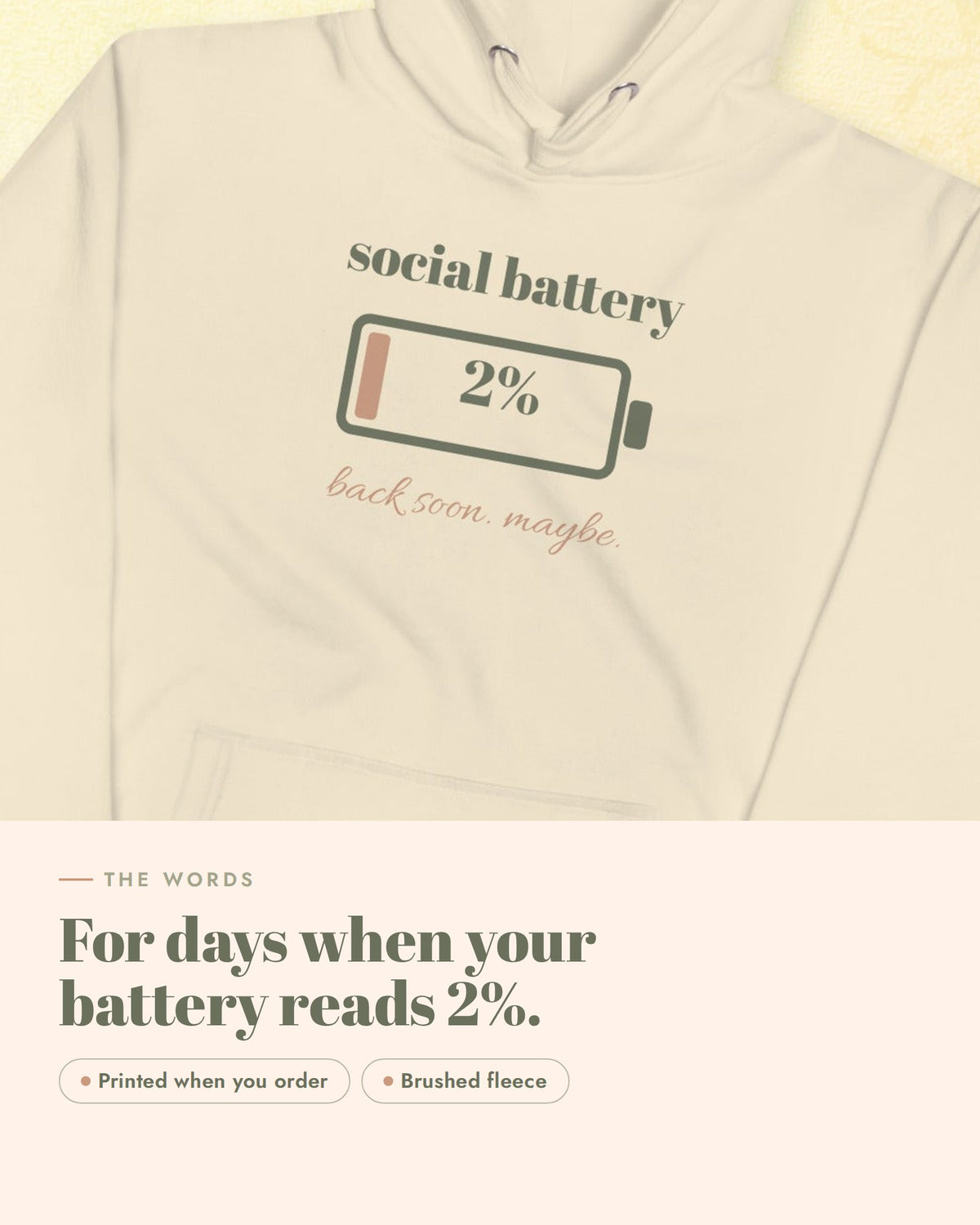 Social Battery Hoodie, the design up close