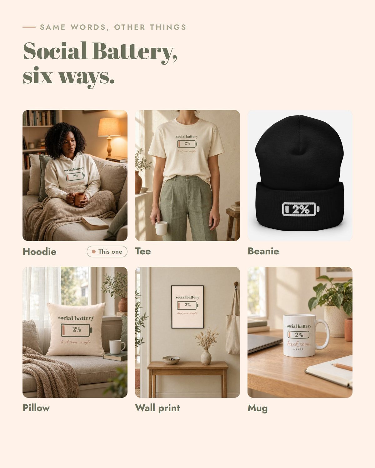 Social Battery on other things, Hoodie, Tee, Beanie, Pillow, Wall print, Mug