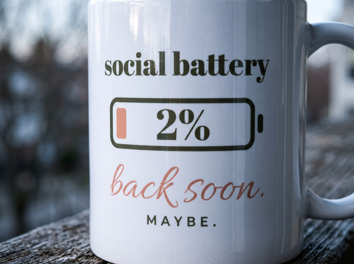 Social Battery Mug, the print up close