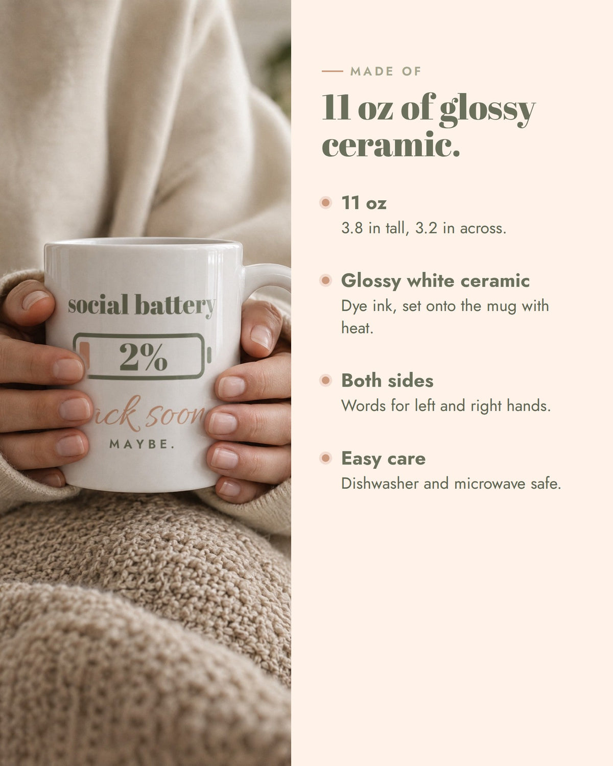 Social Battery Mug, 11 oz glossy white ceramic, 3.8 in tall, 3.2 in across, printed on both sides, dishwasher and microwave safe