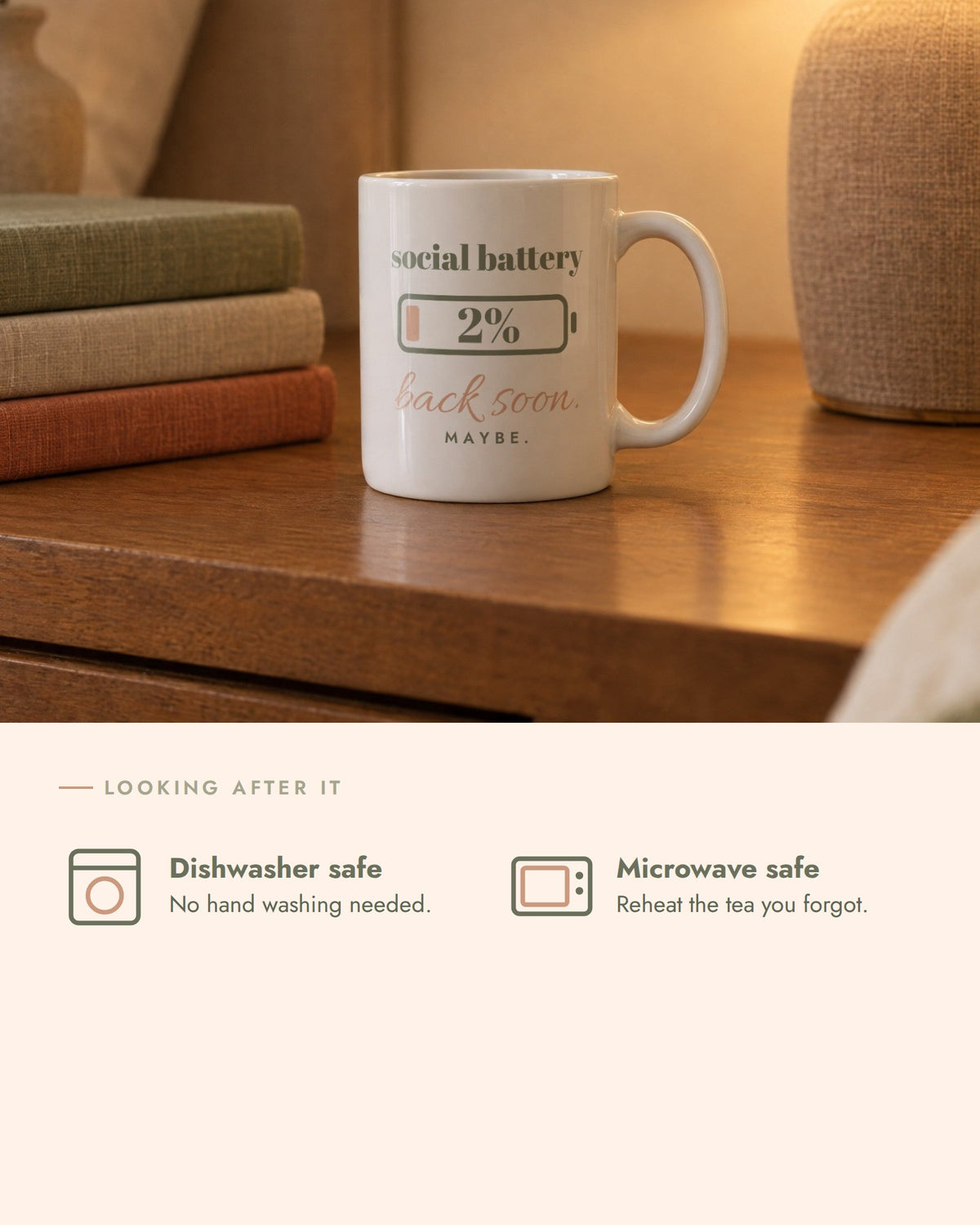 Social Battery Mug, care, dishwasher safe and microwave safe