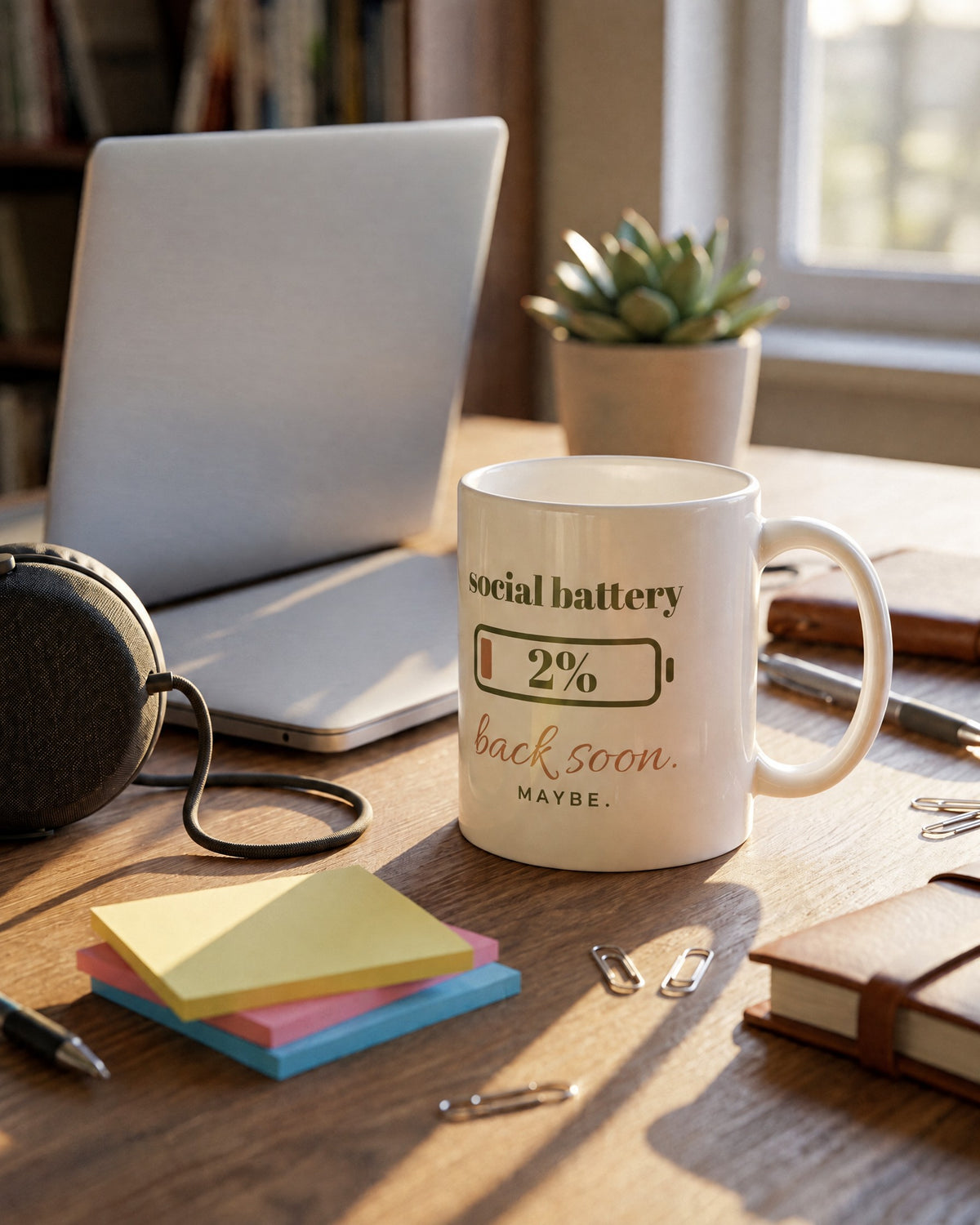 Social Battery Mug, on a work desk in the late sun
