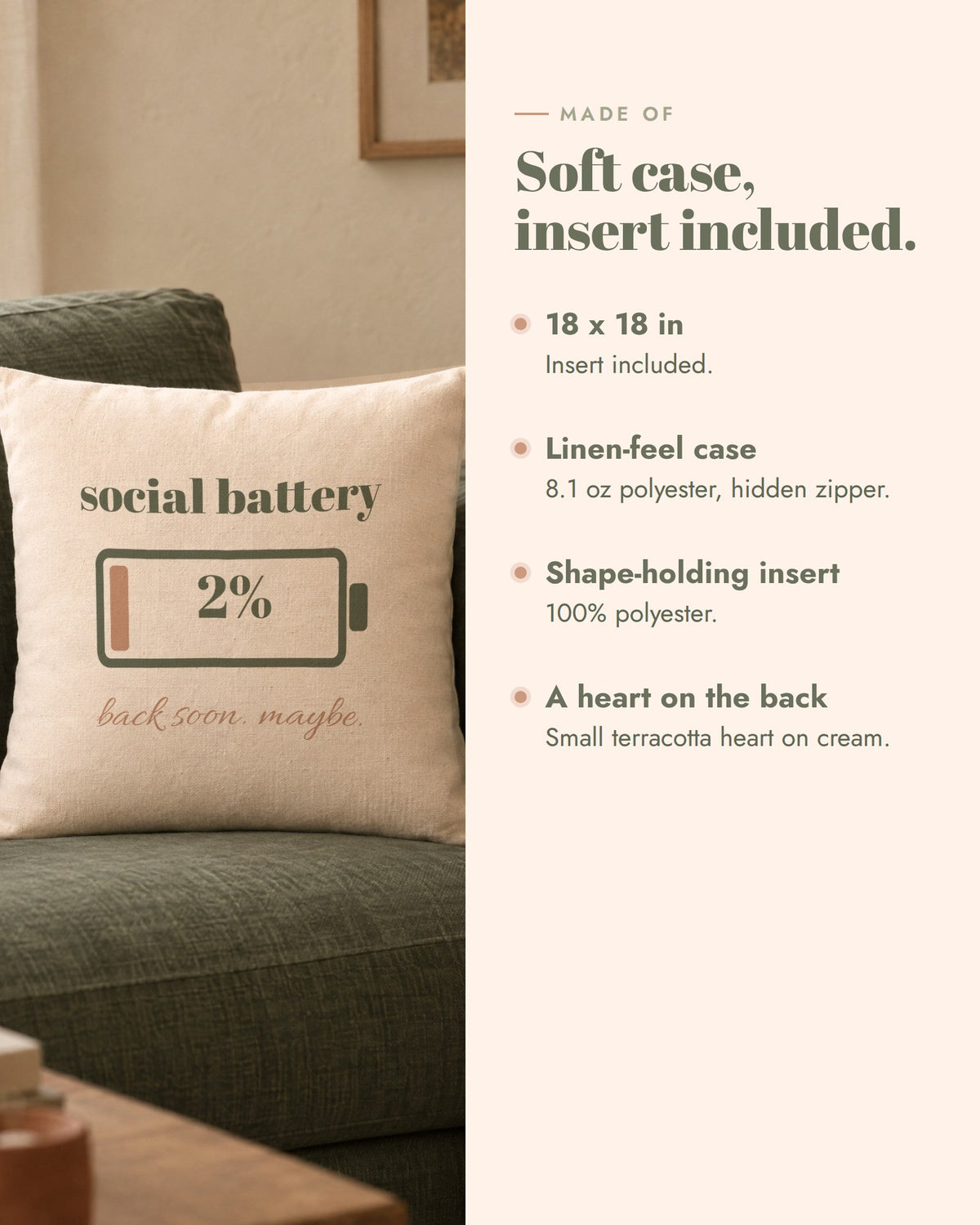 Social Battery Pillow, 18 x 18 in, linen-feel polyester case with hidden zipper, shape-holding insert included