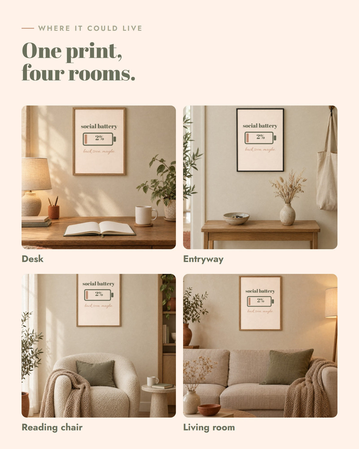 Social Battery Print, framed in four rooms: desk, entryway, reading chair, living room