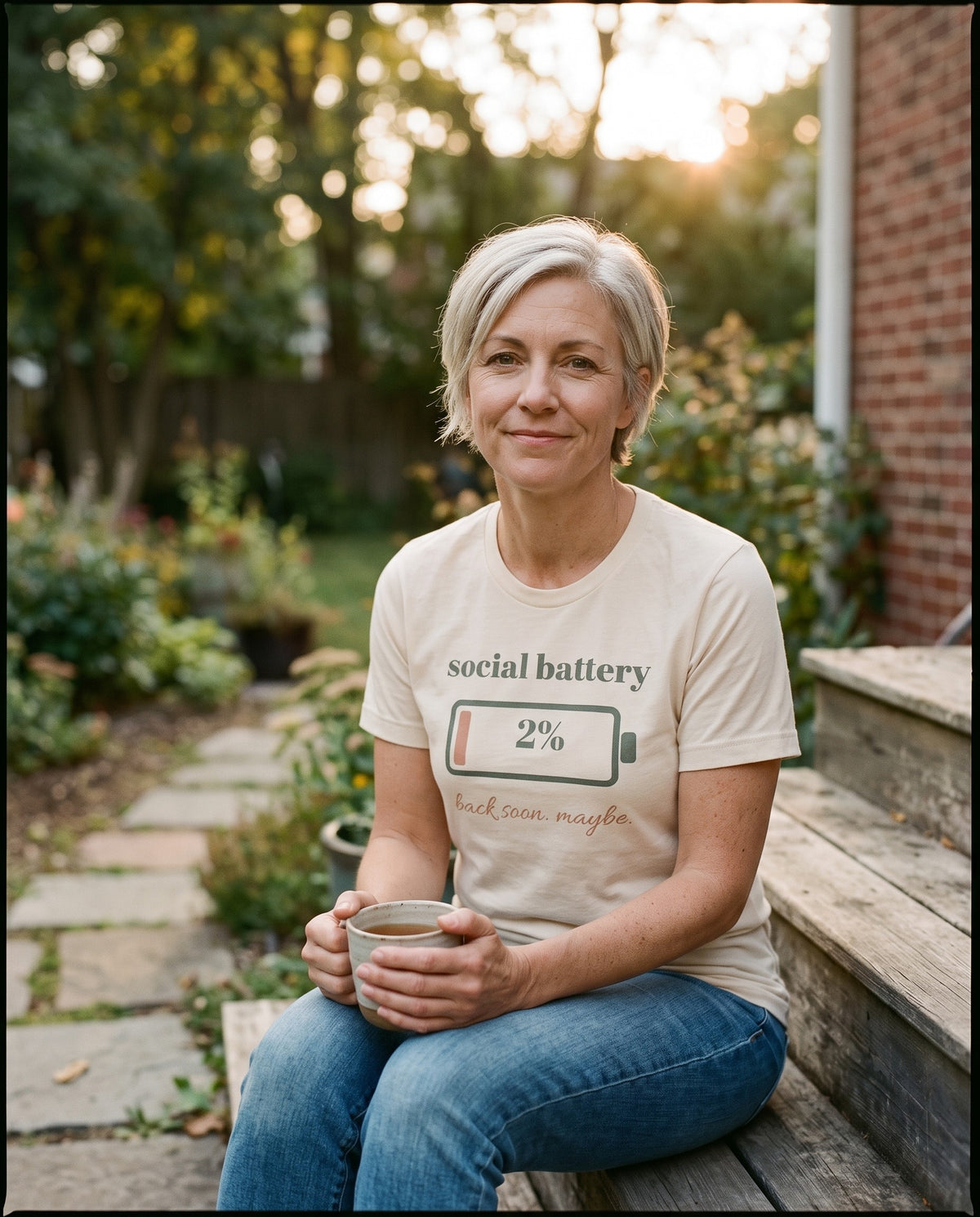 Social Battery Tee, worn on the back steps with a cup of tea