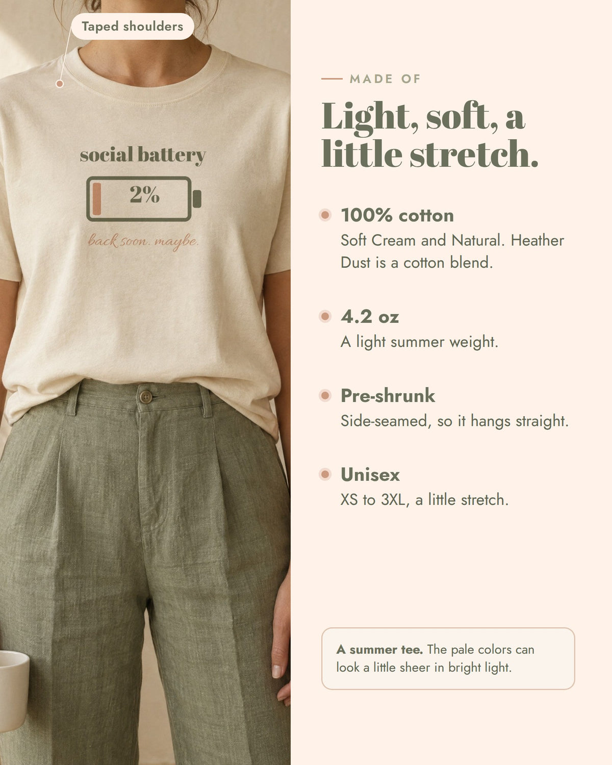 Social Battery Tee, made of 100% cotton in Soft Cream and Natural, 4.2 oz, pre-shrunk, taped shoulders