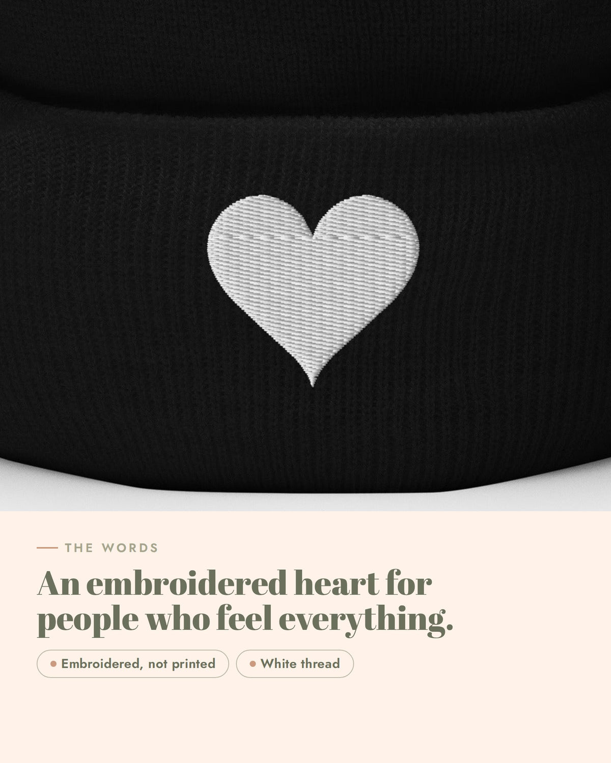 Soft Heart Beanie, the design up close