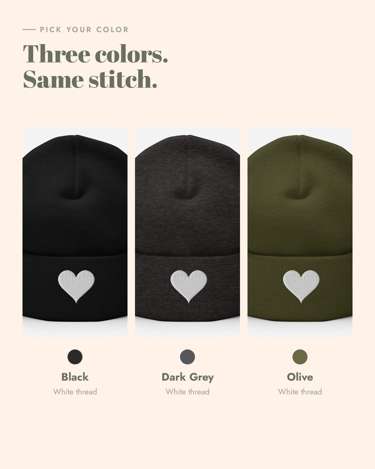Soft Heart Beanie, Black, Dark Grey, Olive