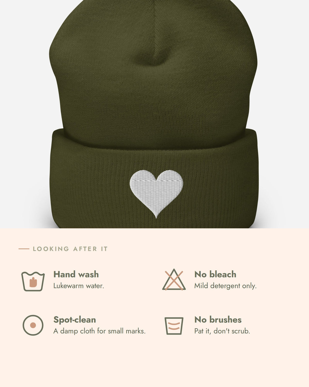 Soft Heart Beanie, care, hand wash lukewarm with a mild detergent, no bleach, spot-clean, no brushes