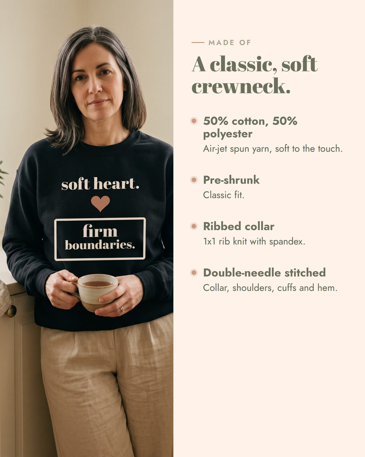 Soft Heart, Firm Boundaries Crewneck, 50% cotton, 50% polyester, pre-shrunk, classic fit, ribbed collar, double-needle stitched
